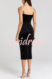 Harley Luxurious Velvet Fabric Jewel-embellished Shoulder Straps Midi Dress