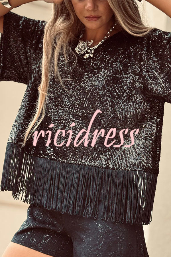 Full of Surprises Sequin Short Sleeve Tassle Trim Loose Top