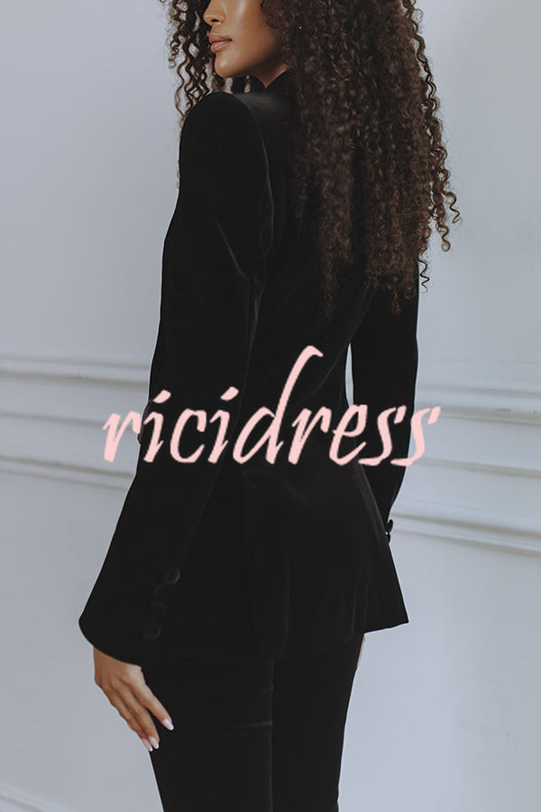 Delicate Daze Velvet Satin Lapel Button Up Long Sleeve Tapered Waist Blazer