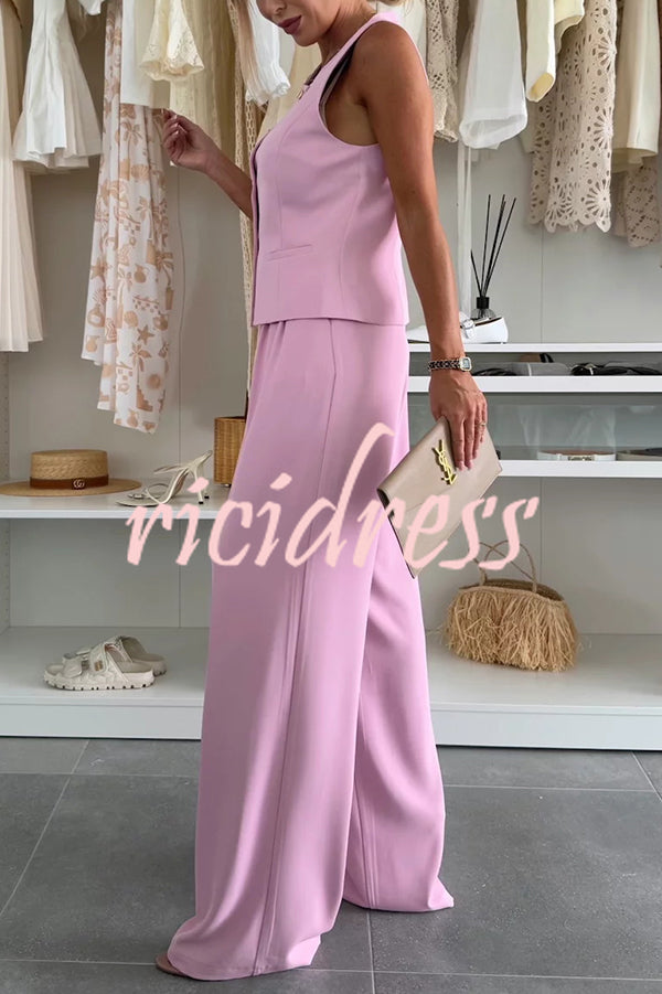 Workplace Chic Sleeveless Button Vest and Relaxed Pocket Wide Leg Pants Set