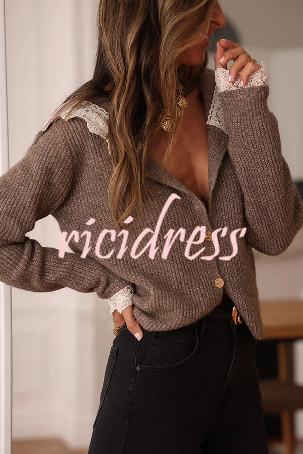 Fashionable Lace-trimmed Sailor Collar Casual Knit Cardigan