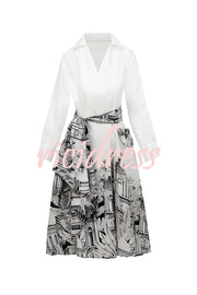Jiles Linen Blend Unique Contrast Print Long Sleeve Tie-up Pocket Shirt Midi Dress