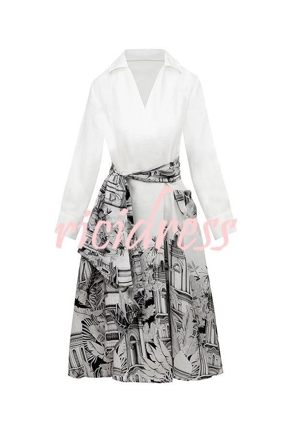 Jiles Linen Blend Unique Contrast Print Long Sleeve Tie-up Pocket Shirt Midi Dress