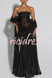 Paula Sequined Mesh and Jersey Off Shoulder Ruched Knot Drape Shawl Maxi Dress