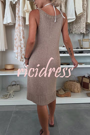 Solid Color V-Neck Sleeveless Casual Pocket Knitted Midi Dress