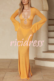 Seaside Goddess Crochet Knit Hollow Out Golden Ring Long Sleeve Cover-up Maxi Dress