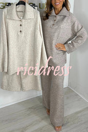 Solid Color Lapel Long-sleeved Loose Top and Elastic Waist Casual Pants Set