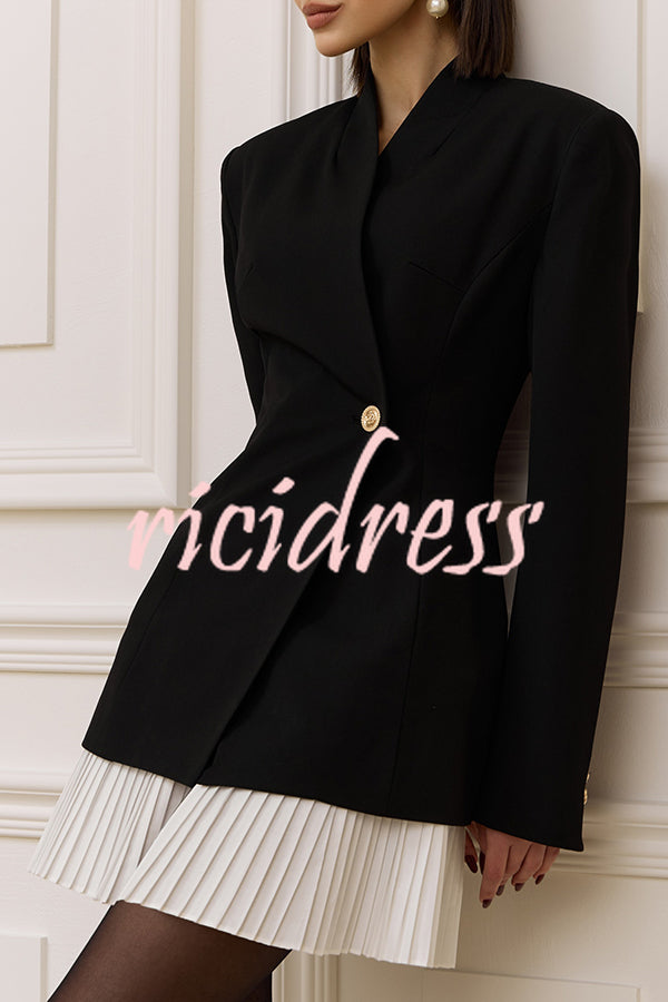 Fashionable Contrast Color Elegant Long Sleeve Pleated Suit Mini Dress