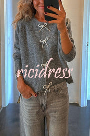 Paris Mornings Knit Front Bow Design Long Sleeve Relaxed Cardigan