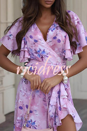 Unique Printed V-neck Ruffled Loose Midi Dress