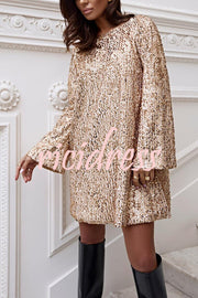 Perfect Gift Sequin Back Bow Detail Long Bell Sleeve Loose Mini Dress