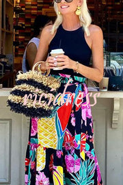 Tropical Flowers and Birds Print Loose Holiday Maxi Skirt