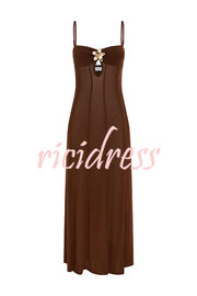 Espresso Sexy Mesh Floral Hardware Slip Stretch Maxi Dress