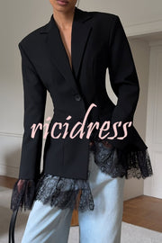 Solid Color Lace Panel Long Sleeve Button Elegant Blazer
