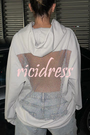 Fashionable Shiny Mesh Hollow Back Loose Long-sleeved Hooded Sweatshirt