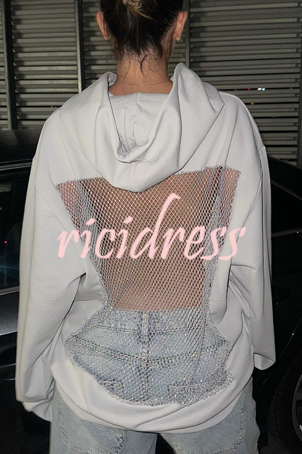 Fashionable Shiny Mesh Hollow Back Loose Long-sleeved Hooded Sweatshirt
