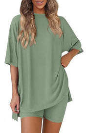 Solid Color Loose Short-sleeved Top and Stretch Casual Shorts Set