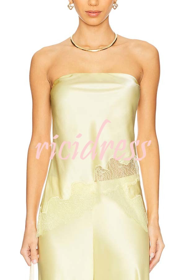 Odessa Satin Floral Lace Hem Strapless Tank and Mid Rise Wide Leg Pants Set