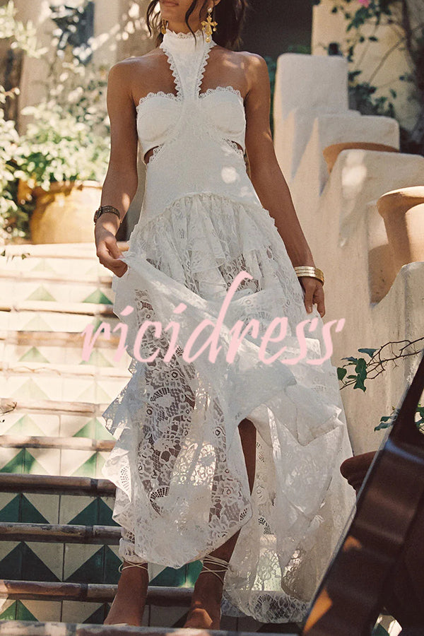 A Girls' Trip Lace High Neck Cutout Drop Waist Ruffles Maxi Dress