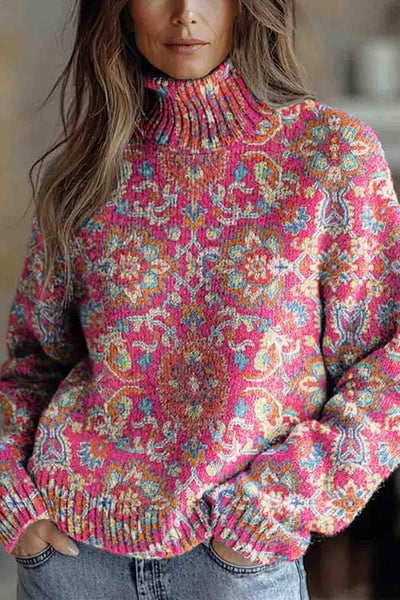 Floral Pattern High-Neck Long-Sleeved Loose Sweatshirt