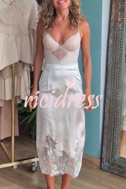 Lola Satin Lace Trim High Rise Side Zipper Loose Midi Skirt