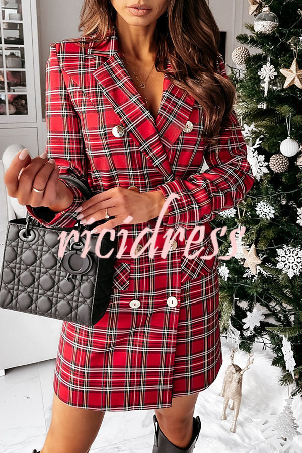 Christmas Check Belted Double Breasted Pocket Mini Dress