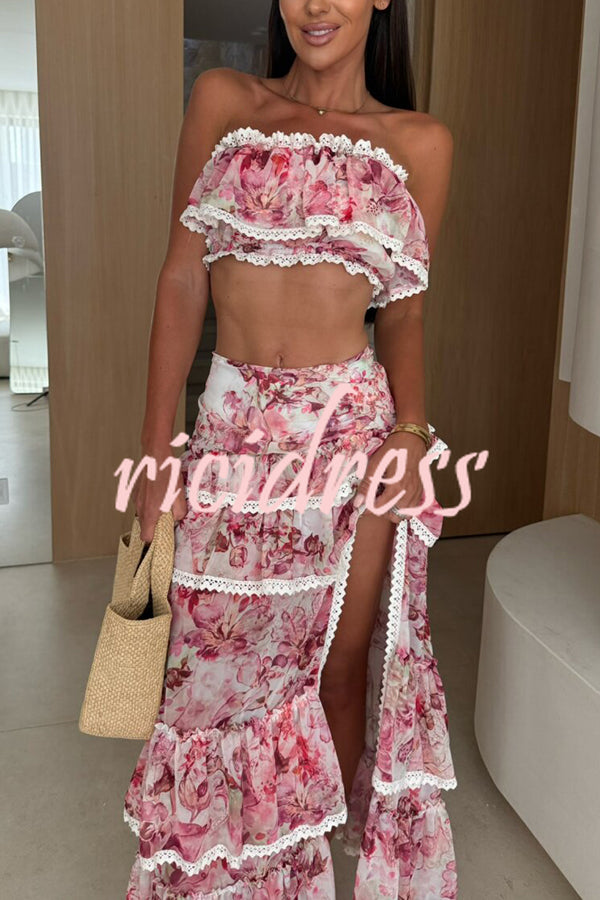 Dakota Floral Lace Trim Crop Tube Top and Layered Slit Maxi Skirt Set