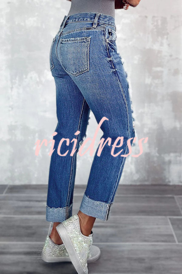 Lucy High Rise Distressed Pocketed Cuffed Hem Straight Leg Denim