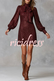 Gift for Me Sequin High Neck Bow Tie Long Lantern Sleeve Party Mini Dress