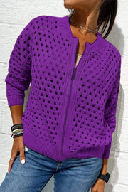 Solid Color Casual Knit Hollow Zipper Jacket
