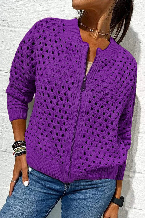 Solid Color Casual Knit Hollow Zipper Jacket