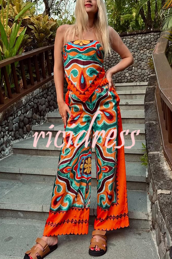 Ethnic Style Unique Print Tube Top and Elastic Waist Casual Pocket Wide Leg Pants Set