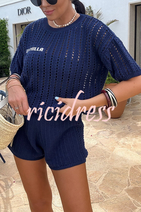 Fashionable Hollow Knit Short-sleeved Top and Elastic High-waist Casual Shorts Set