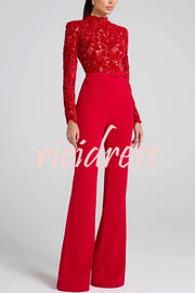 Eleanor Embroidered Floral Lace Long Sleeve Patchwork Belt Flare Jumpsuit