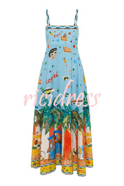 Summer Energy Linen Blend Unique Print Smocked Back Pocketed Midi Dress