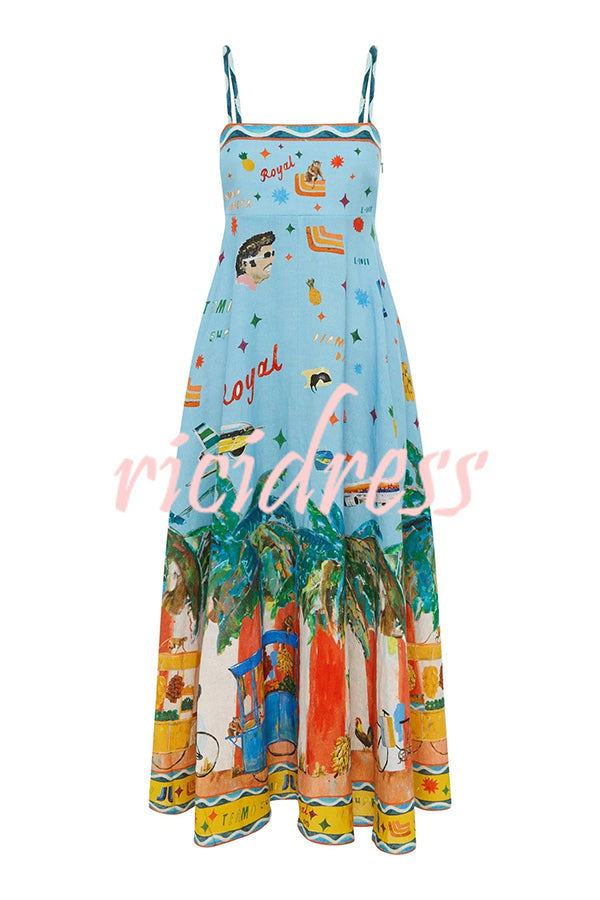 Summer Energy Linen Blend Unique Print Smocked Back Pocketed Midi Dress