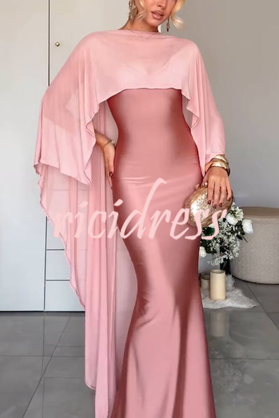Party Charm Satin Sheer Chiffon High Low Cape Slip Maxi Dress