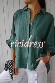 Linen Blend Solid Color Tie Back Loose Shirt Top