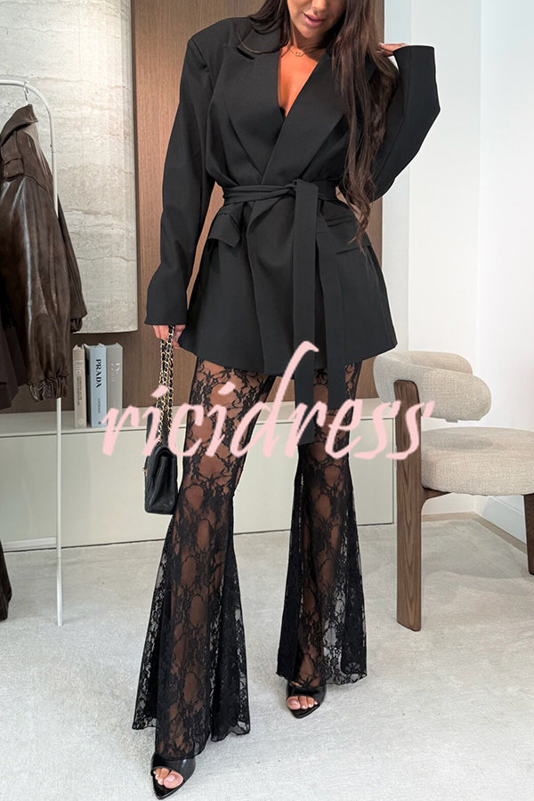 Chic Moment Lapel Long Sleeve Belt Pocketed Oversized Blazer