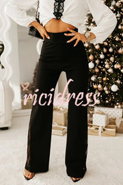 Joelie High Rise Elastic Waistband Side Lace Patchwork Flare Pants