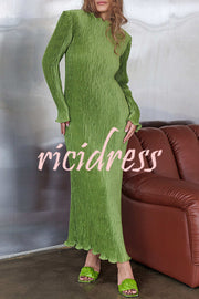 Hansin Satin Pleated Fabric Long Sleeve Wavy Trim H-line Slit Midi Dress