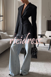 Solid Color Lace Panel Long Sleeve Button Elegant Blazer