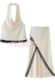 Iriena Satin Lace Trim Cowl Halter Neck Tank and Mid Rise Midi Skirt Set