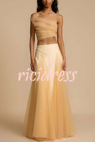 Romance Factor Satin Patchwork Tulle High Rise Elastic Waist A-line Maxi Skirt