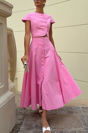 Solid Color Round Neck Button Crop Top and Elegant High Waist Slit Maxi Skirt Set