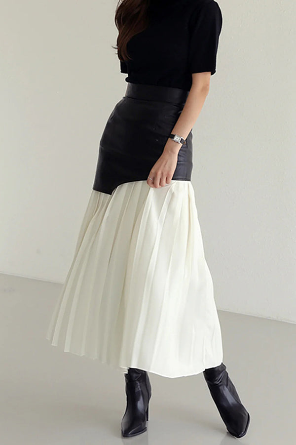 Fashionable Patchwork Contrast Color Pleated Midi Skirt