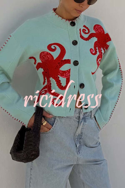 Coastal Fashion Knit Octopus Graphic Contrast Piping Button Up Loose Cardigan