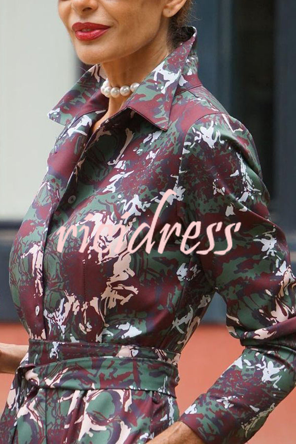Casual Floral Print Lace Up Buttoned Pockets Long Sleeve Midi Dress