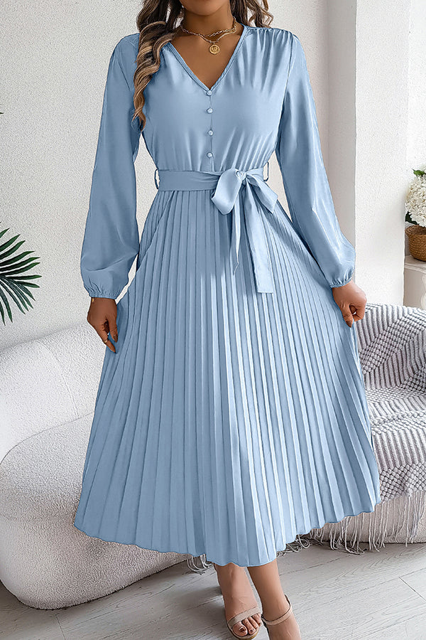 Solid Color Elegant V-neck Buttoned Lace-up Pleated Maxi Dress