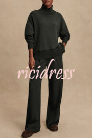 Barker High-Neck Long Sleeve Side Zipper Sweatshirt and Elastic Waist Pocketed Loose Pants Set